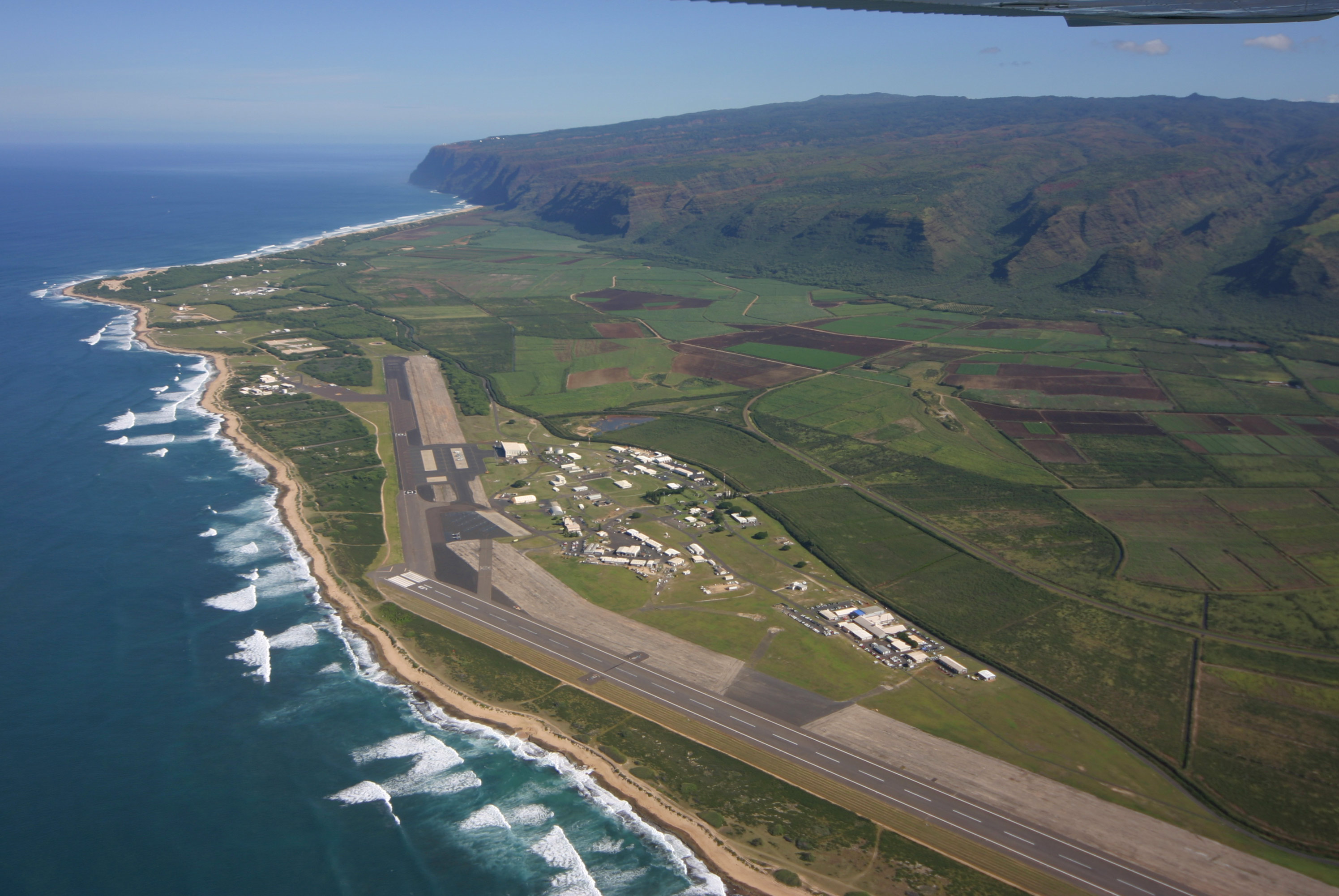 This is an image of an aerial view of the airfield at Pacific Missile Range Facility Barking Sands.